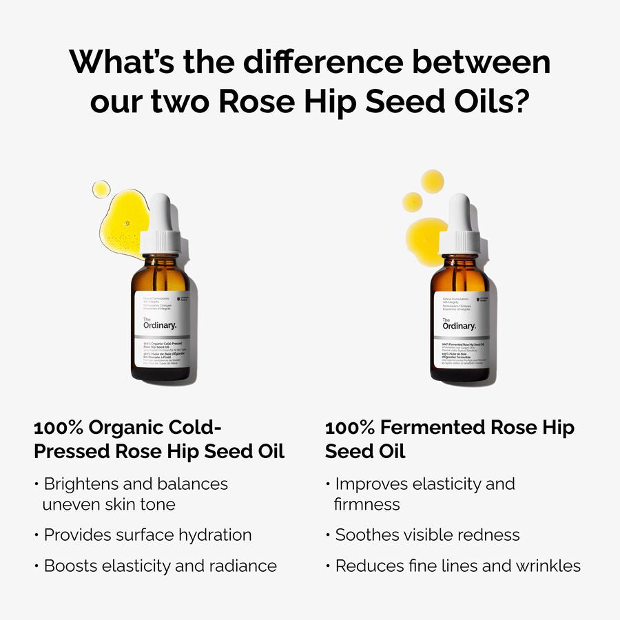Compare our 100% Fermented Rose Hip Seed Oil and 100% Organic Cold-Pressed Rose Hip Seed Oil